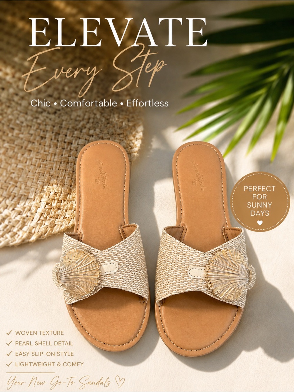 Woven Shell Slide Sandals Beige Gold Beach Resort Size 7